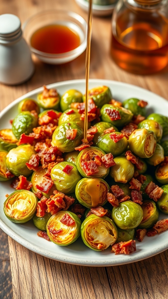 Crispy Air Fryer Brussels Sprouts with Bacon and Maple Syrup Crispy Brussels sprouts with bacon and maple syrup on a rustic plate, with a bowl of syrup on the side.